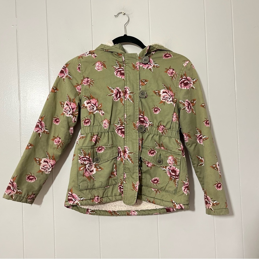 Joes Jeans Olive Floral Girls Jacket Sherpa Lining Size M (7-8)
